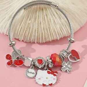 Hello Kitty Charm Bracelet Sanrio Rhinestone Heart Butterfly Emo Beads Trendy